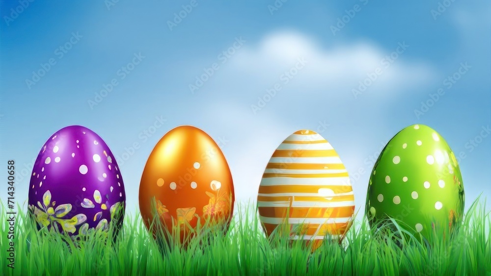 Easter, traditional family holiday, decoration with painted eggs in the grass