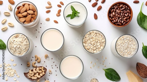 Assortment of plant-based milk alternatives on a clean white surface, dairy-free lifestyle concept