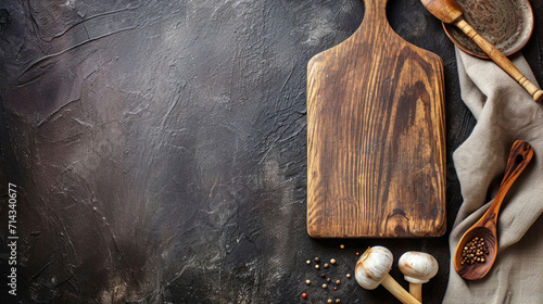 Top view of dark rustic kitchen table with wooden cutting board and cooking. Ai Generative photo