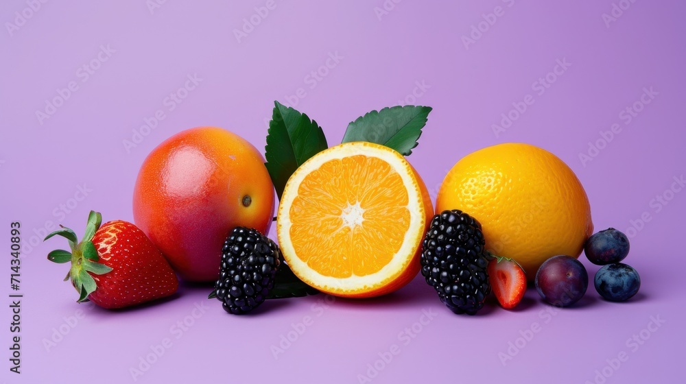  a grapefruit, orange, grapefruit, grapefruit, strawberries, and other fruit are arranged on a purple background with a green leaf.