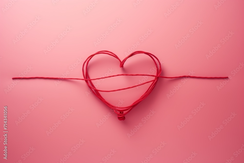 short red cord forming a heart on a pink wall. love and romantic concept