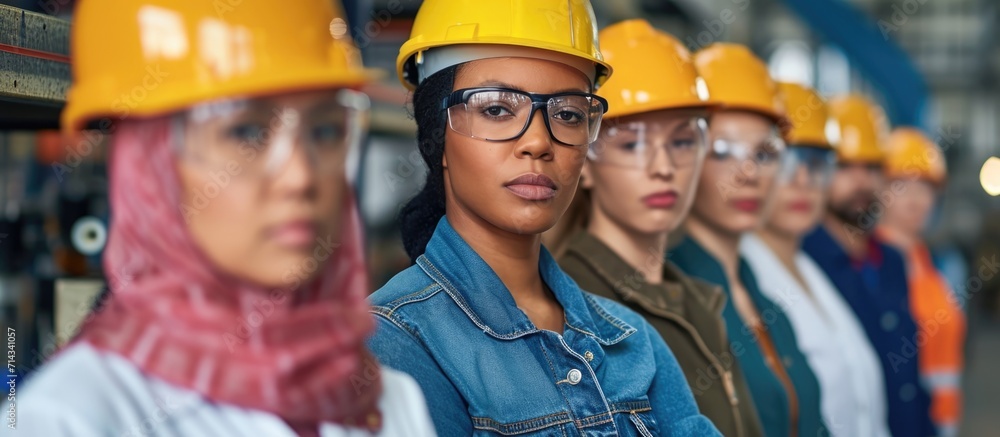 A diverse group of women in various industrial roles - engineer, factory worker, and apprentice - representing different ethnic backgrounds.