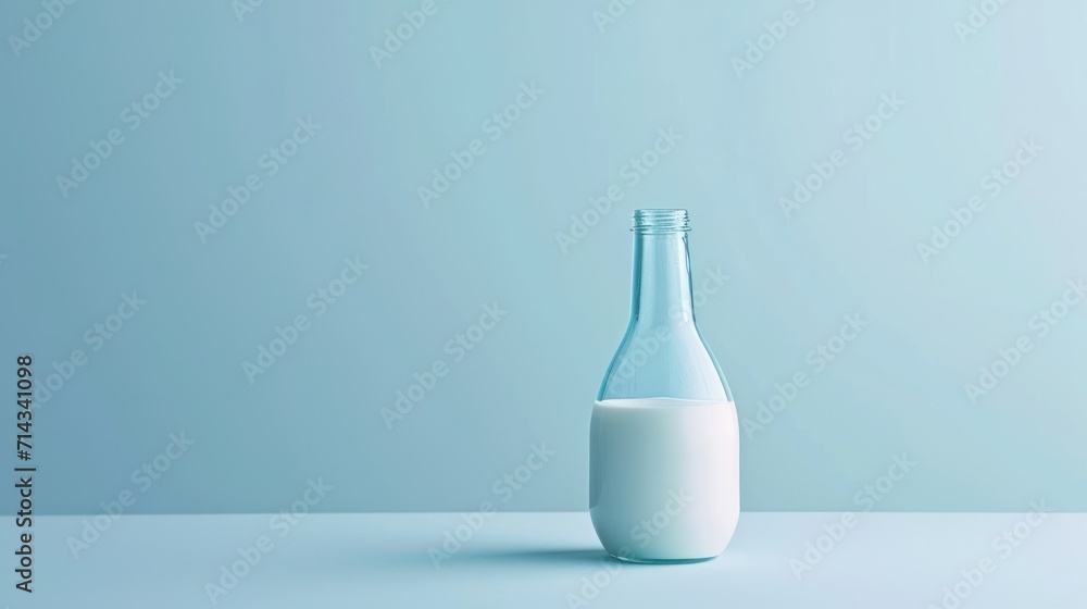 a bottle of milk on a table with a light blue wall behind it and a light blue wall behind it and a light blue wall behind the bottle of milk. a bottle of milk on a table with a light blue wall behind it and a light blue wall behind it and a light blue wall behind the bottle of milk.