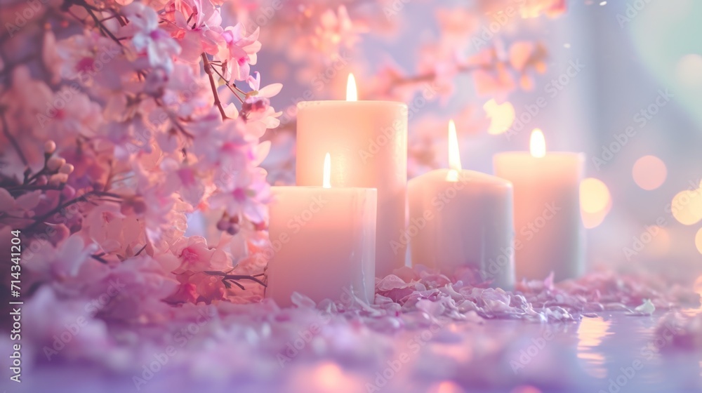 a group of white candles sitting on top of a table next to a bunch of pink flowers and a tree with pink flowers in the middle of the candle light. a group of white candles sitting on top of a table next to a bunch of pink flowers and a tree with pink flowers in the middle of the candle light.