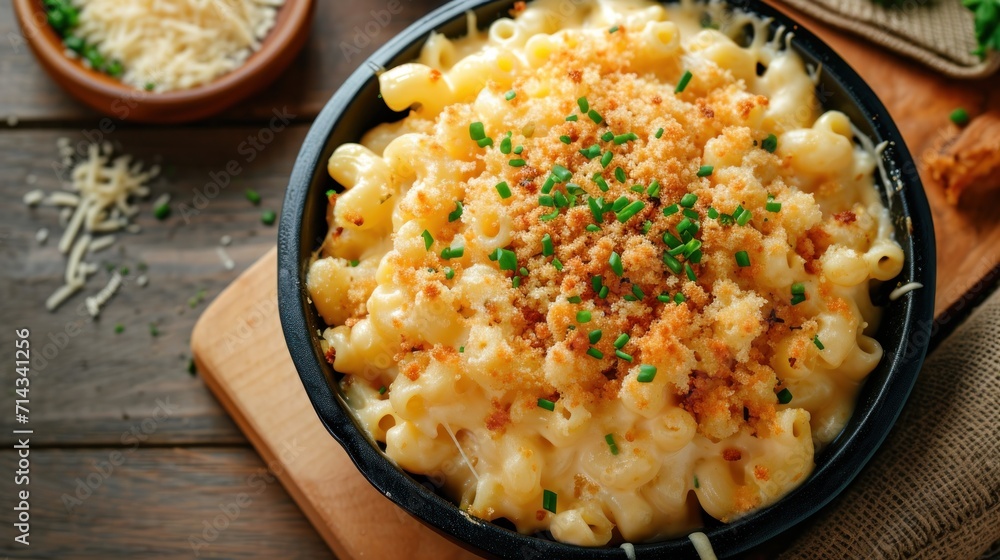 a bowl of macaroni and cheese with parmesan sprinkles on a cutting board next to a bowl of parmesan cheese and parmesan. a bowl of macaroni and cheese with parmesan sprinkles on a cutting board next to a bowl of parmesan cheese and parmesan.
