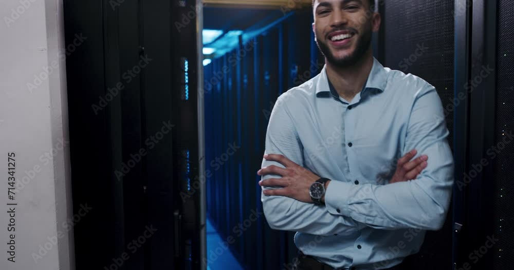 Technician, man and server room with arms crossed for information technology, business and cybersecurity. Face of happy engineer in data center backup, cloud computing solution or night maintenance