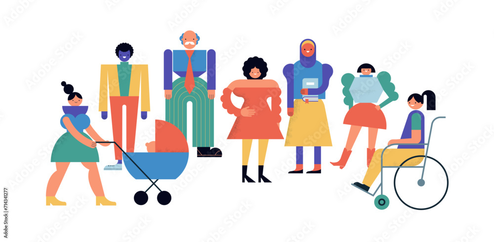 Group of people, community, family or neighborhood standing together. Characters in geometric fun modern style. Colorful concept design.