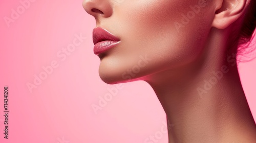 Close up female neck, collarbones isolated on pink studio background. Beautiful caucasian woman with well-kept skin. Natural beauty, fitness, diet, spa, plastic surgery and aesthetic cosmetology   photo