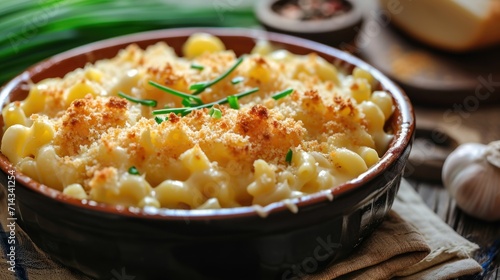  a dish of macaroni and cheese with a sprig of parmesan cheese on top of the macaroni and cheese is ready to be eaten.