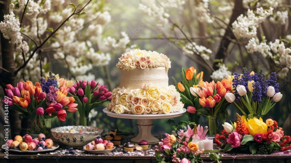 a cake sitting on top of a table next to flowers and a plate of cake on top of a table with a plate of cake on top of the table. a cake sitting on top of a table next to flowers and a plate of cake on top of a table with a plate of cake on top of the table.