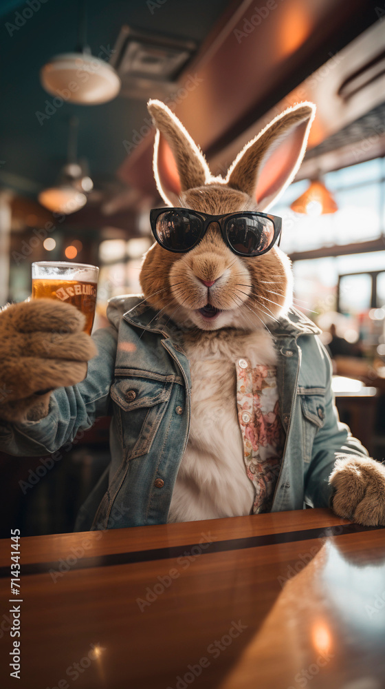 A cool modern style hipster funny Easter bunny rabbit glasses partying and celebrating Easter holiday with beer
