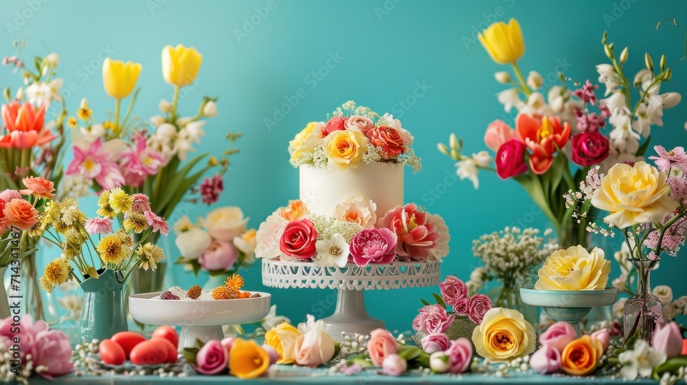  a table topped with a white cake covered in lots of pink, yellow, and orange flowers next to vases filled with white and pink and yellow flowers on a teal blue background.