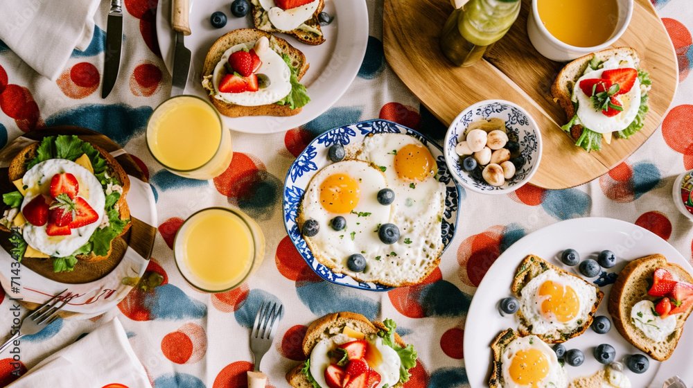 Fototapeta premium A bountiful brunch table features a colorful spread of eggs, avocado toast. Ai Generative
