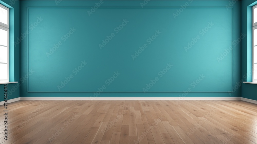A sleek and modern room with a blue turquoise wall and immaculate wooden flooring, the window glare adding a touch of sophistication for presentations, empty room with floor A sleek and modern room with a blue turquoise wall and immaculate wooden flooring, the window glare adding a touch of sophistication for presentations, empty room with floor