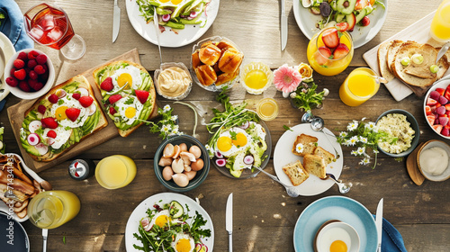 A bountiful brunch table features a colorful spread of eggs, avocado toast. Ai Generative