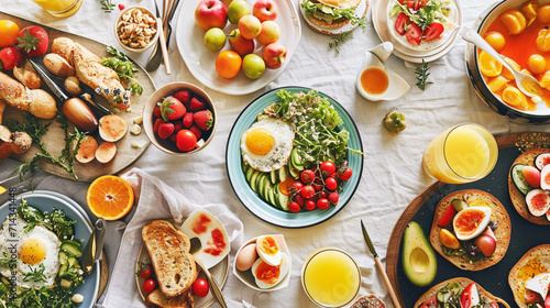 A bountiful brunch table features a colorful spread of eggs, avocado toast. Ai Generative
