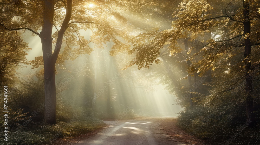 Naklejka premium a dirt road in the middle of a forest with sunbeams shining through the trees on either side of the road is a dirt road that leads to a wooded area with lots of trees on both sides.