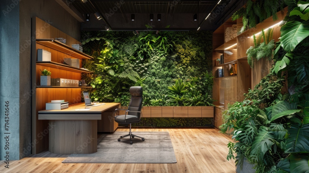 A biophilic design workspace integrating living green walls, wood and stone textures, and nature-inspired stationery, promoting sustainability and natural well-being A biophilic design workspace integrating living green walls, wood and stone textures, and nature-inspired stationery, promoting sustainability and natural well-being