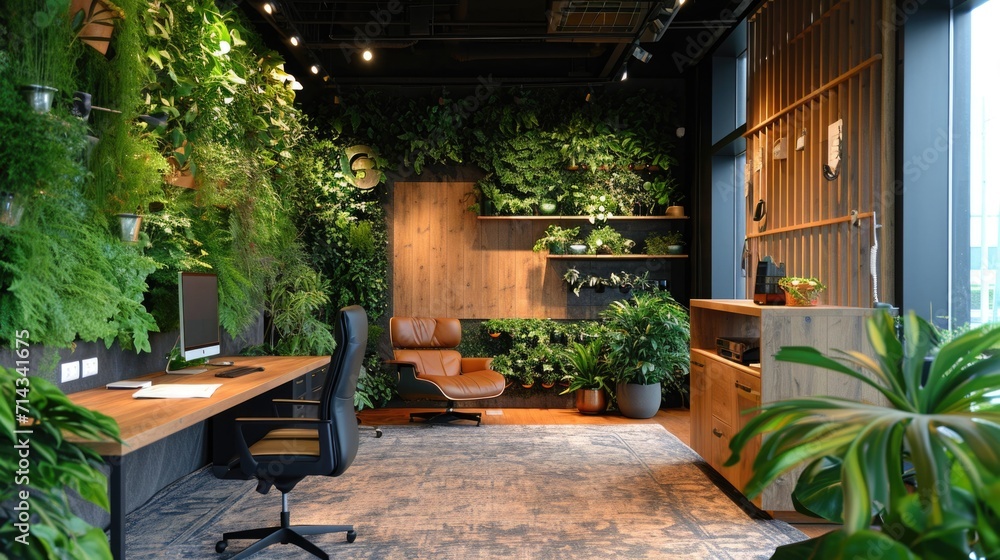 A biophilic design workspace integrating living green walls, wood and stone textures, and nature-inspired stationery, promoting sustainability and natural well-being