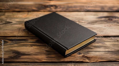 Close up view of a black book on a wooden table 