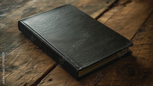 Close up view of a black book on a wooden table   