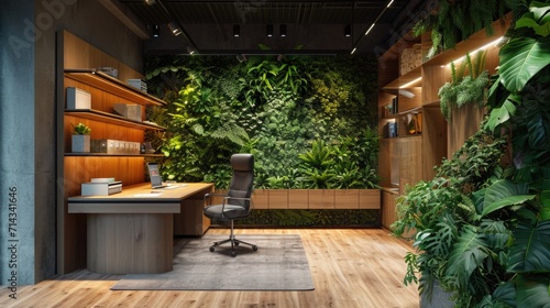 A biophilic design workspace integrating living green walls, wood and stone textures, and nature-inspired stationery, promoting sustainability and natural well-being