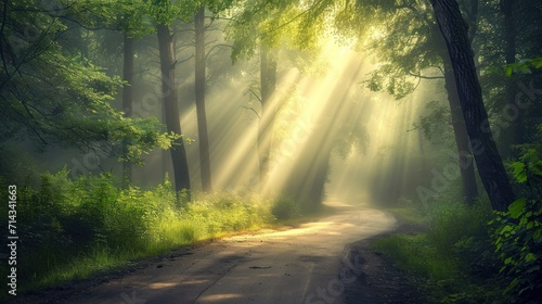  a dirt road in the middle of a forest with sunbeams shining through the trees on either side of the road is a dirt road surrounded by grass and trees.