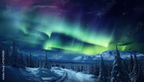 View of night sky with aurora borealis and mountain peak background. Night glows in vibrant aurora reflection on the lake with forest.