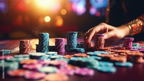 Exciting poker games at an online casino, cards, and chips on the table, gambling experience, winning hands and bets. photo