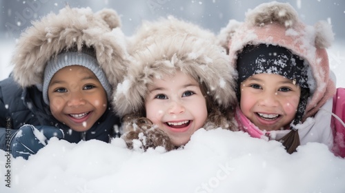 Closeup of Group of Children in the Snow