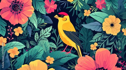  a yellow bird sitting on top of a lush green forest filled with pink, yellow, and orange flowers and green leaves on a dark background of red and yellow flowers.