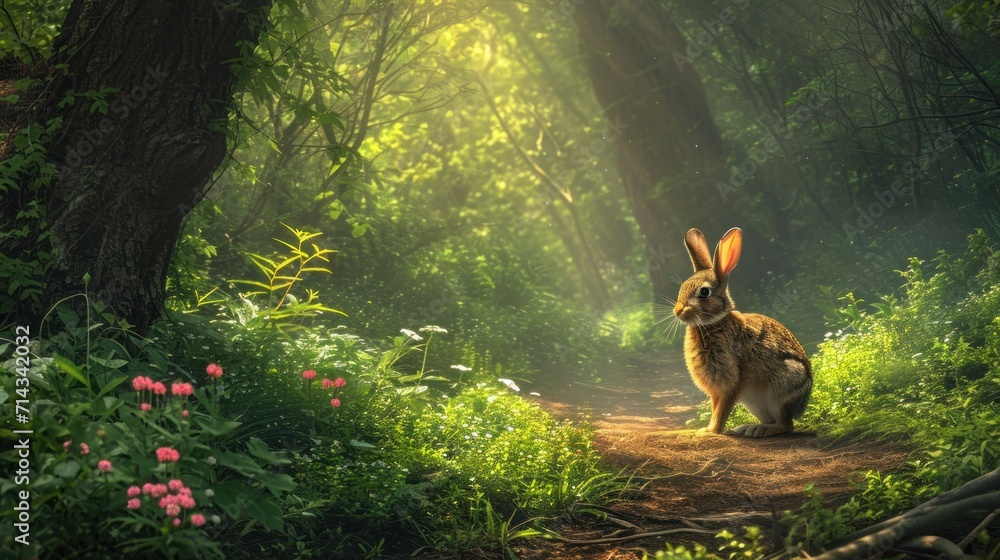Rabbit Path a rabbit is sitting in the middle of a path in a forest with a bright ...