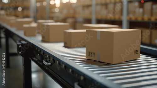 Multiple cardboard boxes moving on a conveyor belt in a warehouse, delivery of e-commerce delivery, automation and products. 