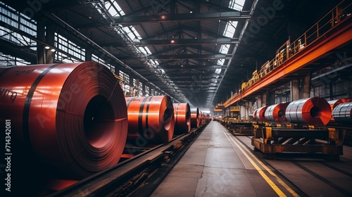 Galvanized sheet steel rolls in factory warehouse, large metal coils for industrial use.