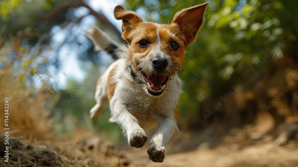  a small brown and white dog running on a dirt path with trees in the backgrouds of the woods in the backgrouund of the picture.