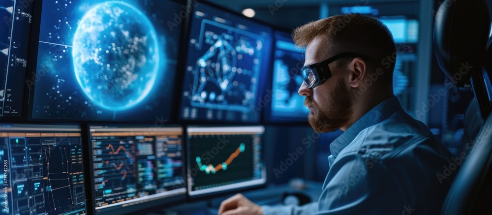 Male engineer works on satellite construction, using computer software for spacecraft programming and assembly. Male engineer works on satellite construction, using computer software for spacecraft programming and assembly.