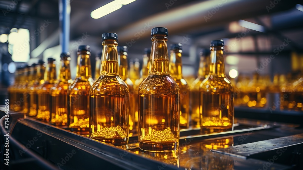 Obraz premium Beer bottles on conveyor belt in modern beverage factory, industrial manufacturing equipment