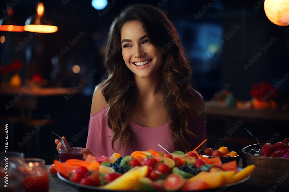 happy beautiful smiling woman girl lady eat healthy food fruit, vegetable, seeds, superfood, cereal, leaf vegetable. Detox and clean diet concept. High in vitamins, minerals and antioxidants.