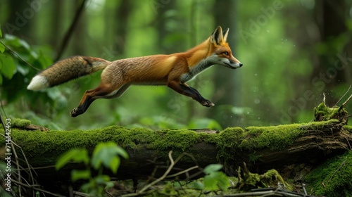  a red fox jumps over a mossy log in a forest filled with green plants and trees, in the foreground is a mossy area with a fallen tree trunk and a. © Anna