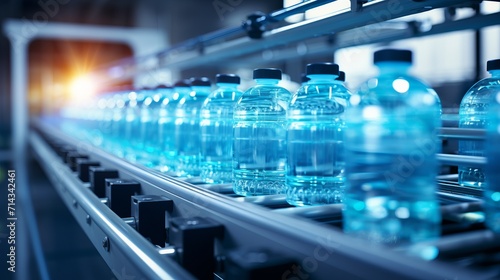 Modern beverage factory interior with water pet bottles on conveyor belt, industrial equipment photo