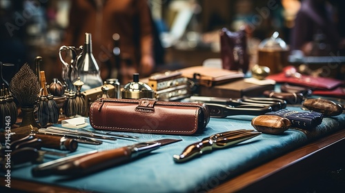 Close up of vibrant barber tools and workspace with grooming products, in warm light.