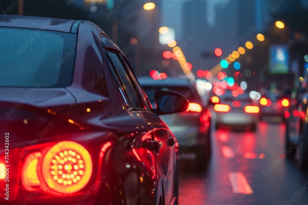 Rainy city traffic with reflective red lights Rainy city traffic with reflective red lights