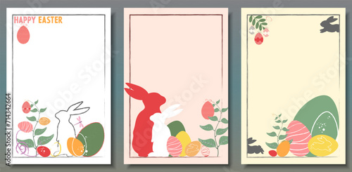 Easter greeting poster  flyer design card. Bunny rabbit  Easter eggs  spring plants. Pattern for presentation  brochure  banner  templates set  background.