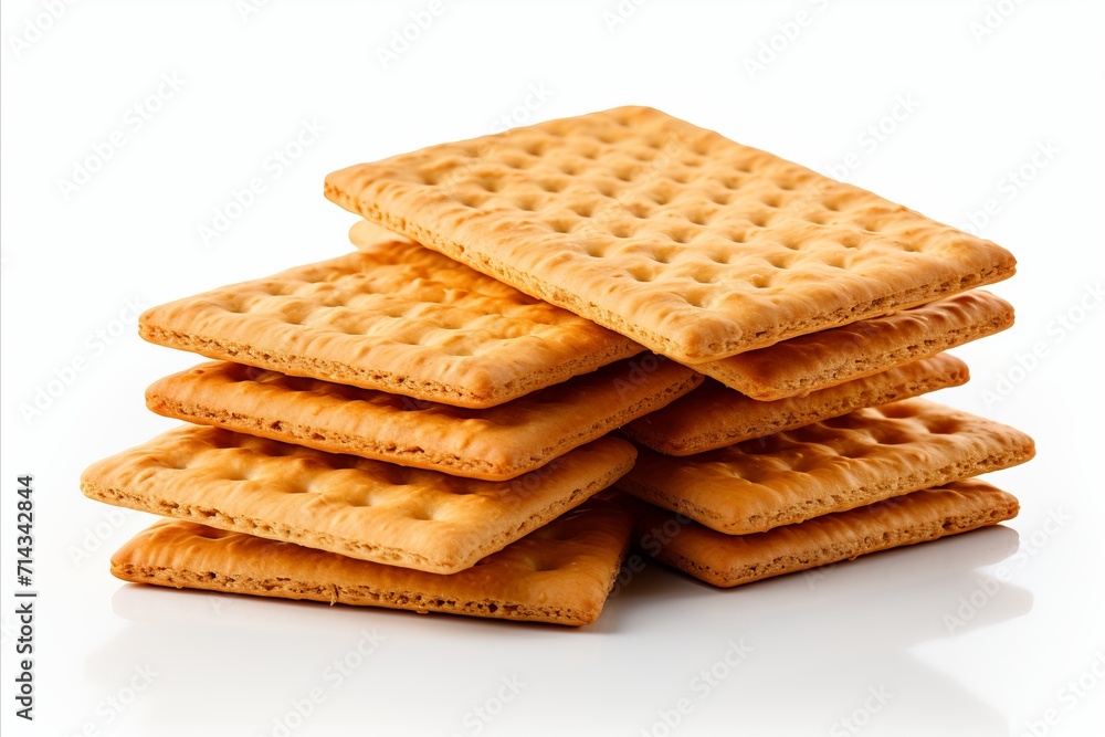 Assorted crispy crackers and biscuits isolated on white background for snack and appetizer concepts Assorted crispy crackers and biscuits isolated on white background for snack and appetizer concepts