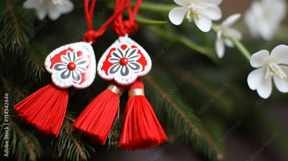 Martisor, red and white, yarn floss thread, holiday of welcoming spring in Moldova and Romania, celebrated on March , tradition give boutonnieres in the form of flowers Baba Marta.