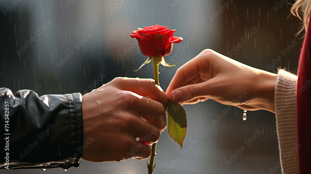 Love, rose and valentine's day with a boyfriend hand giving a red rose to his girlfriend, in celebration of romance. Dating, flower bouquet or surprise with a man giving a red rose to woman - obrazy, fototapety, plakaty 