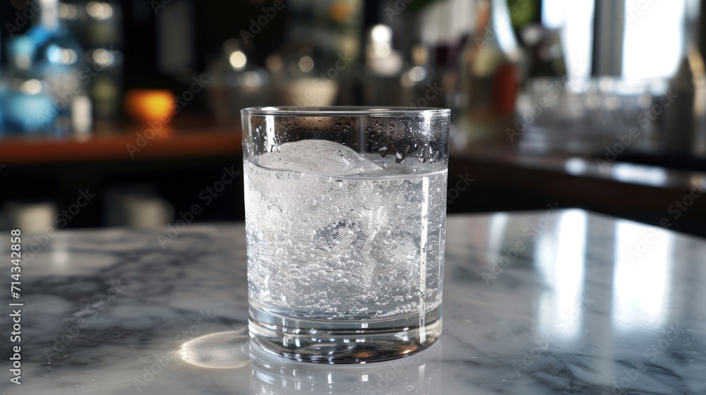 a close up of a glass of water on a table with a lot of liquor bottles in the backgrouf of the room and a bar in the background. a close up of a glass of water on a table with a lot of liquor bottles in the backgrouf of the room and a bar in the background.