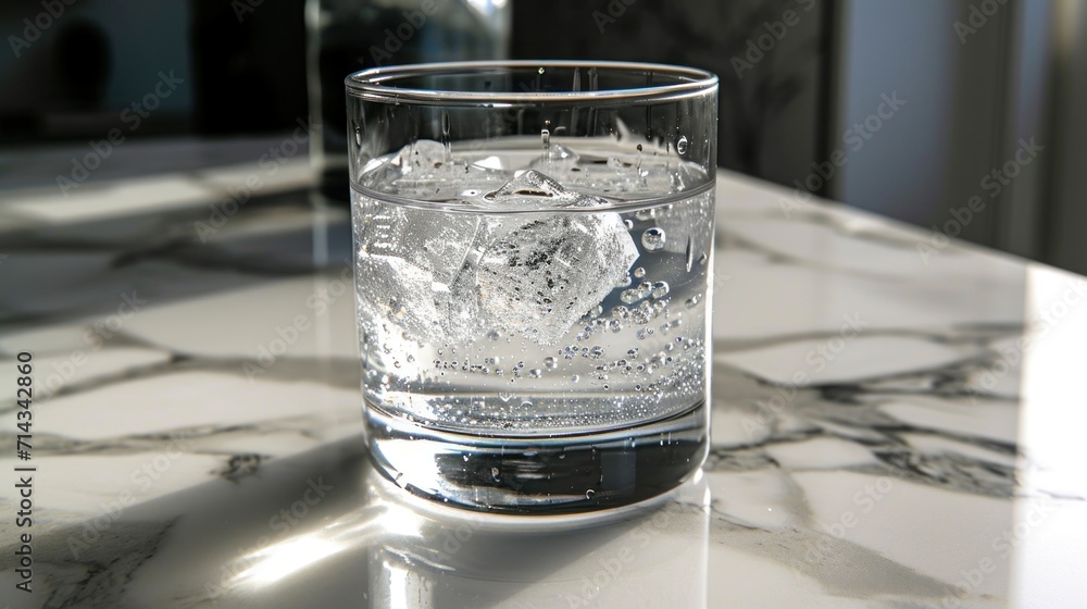 a glass filled with water sitting on top of a marble counter top next to a bottle of water and a glass filled with ice cubes of water on top of ice. a glass filled with water sitting on top of a marble counter top next to a bottle of water and a glass filled with ice cubes of water on top of ice.