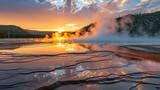 Yellowstone National Park, with vivid colors reflecting in the Grand Prismatic Spring, wildlife in the foreground, and a serene, natural landscape