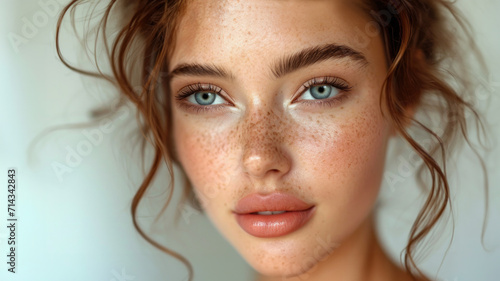 Extreme closeup of a high-end fashion model with beautiful skin and wearing makeup. Skin care and cosmetics. She has short red hair and piercing eyes.